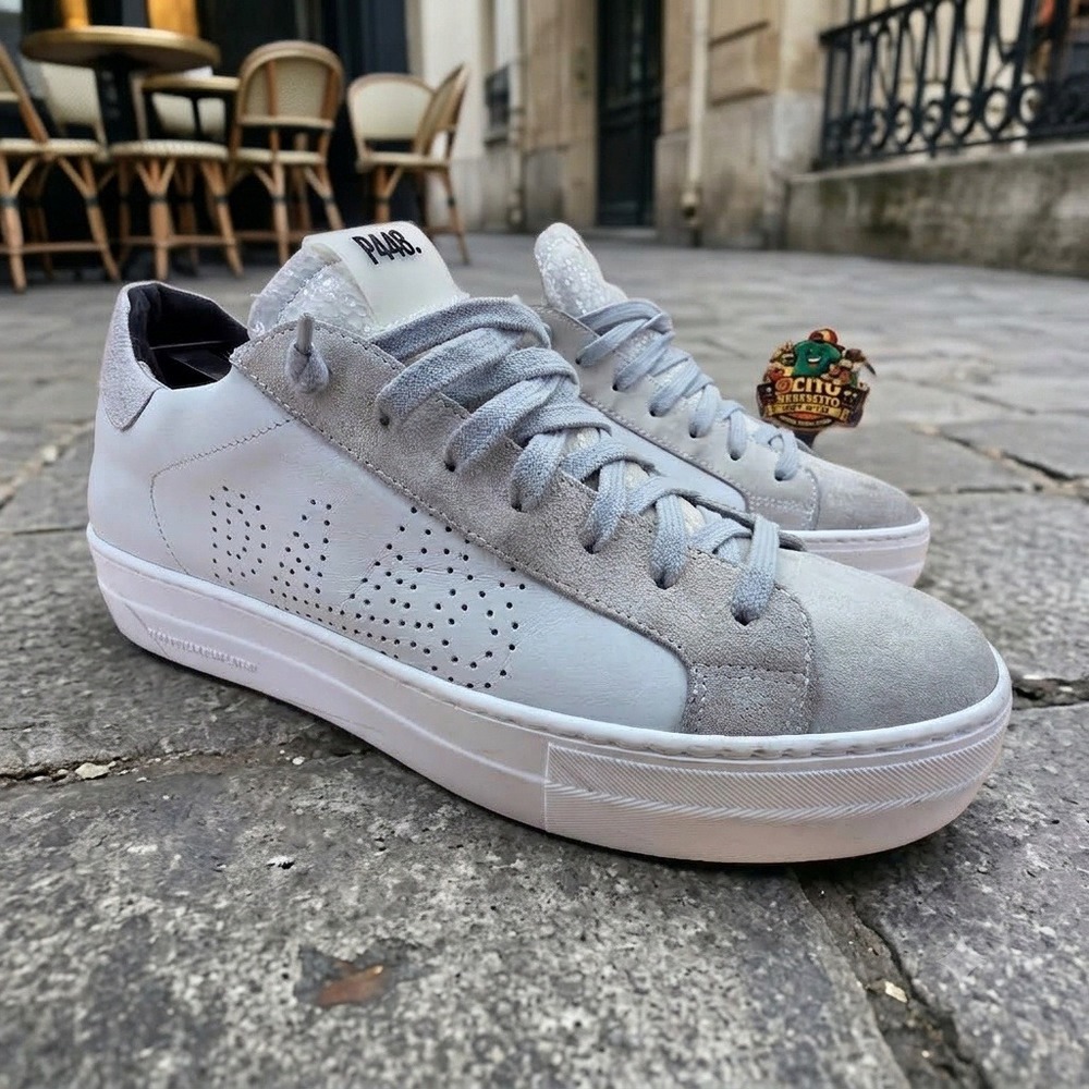 P448 John White Grey Leather Suede Low Top Sneakers Made in Italy Mens 43